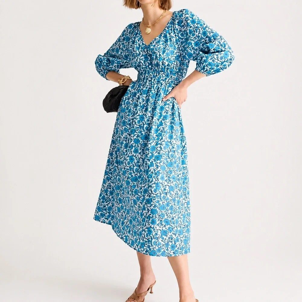 J. Crew V Neck Midi Dress in Blue Blooms Blockprint Floral Size XXL‎